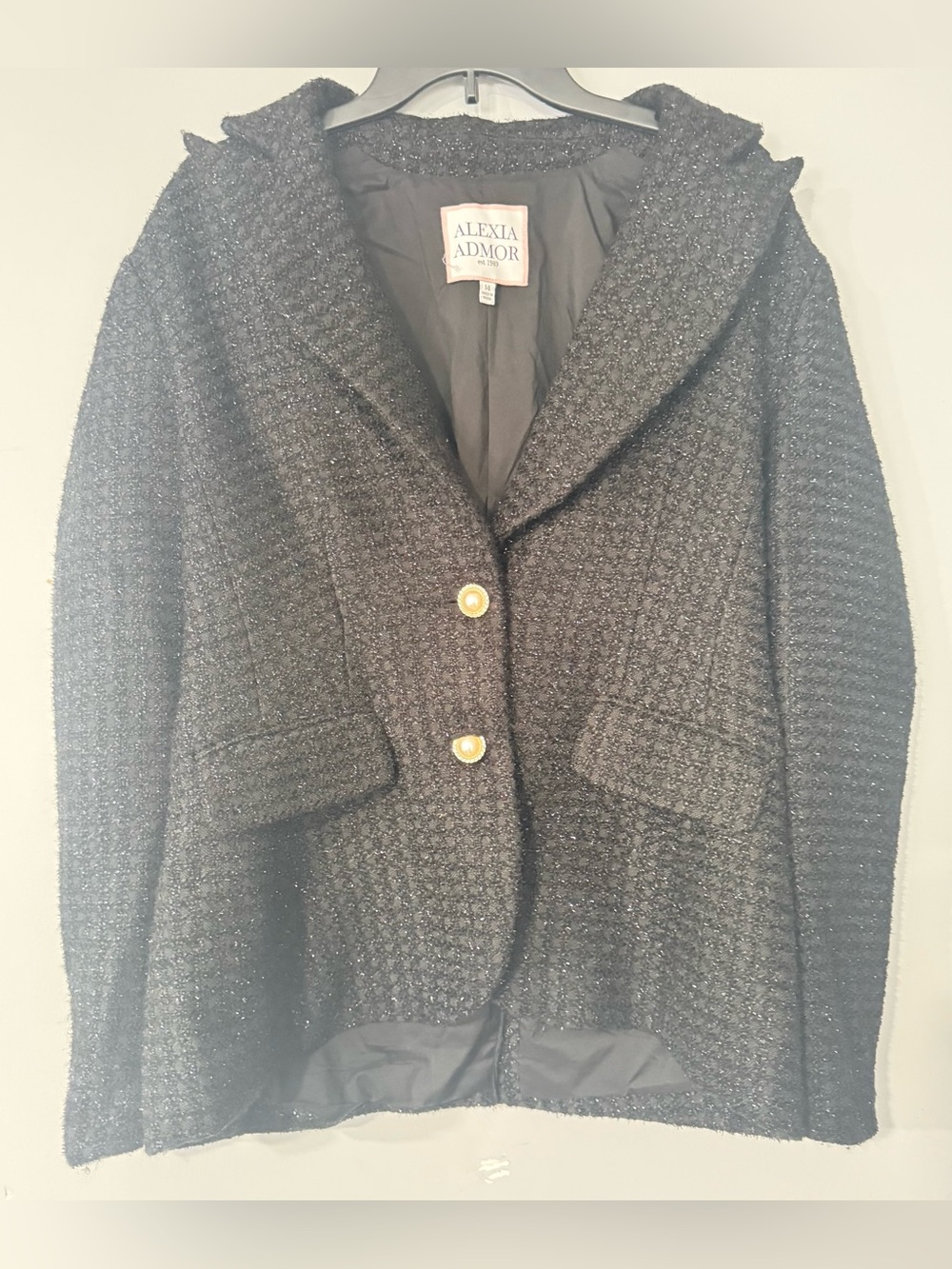 Alexia Admor Black Metallic Tweed Blazer Size 14 with Gold Pearl Buttons